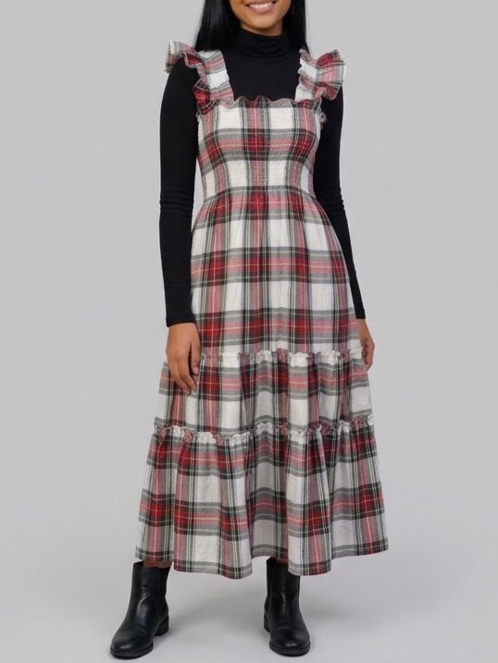 Angele H Paris The Elisabeth Tiered Stewart Tartan Plaid Midi Dress Medium